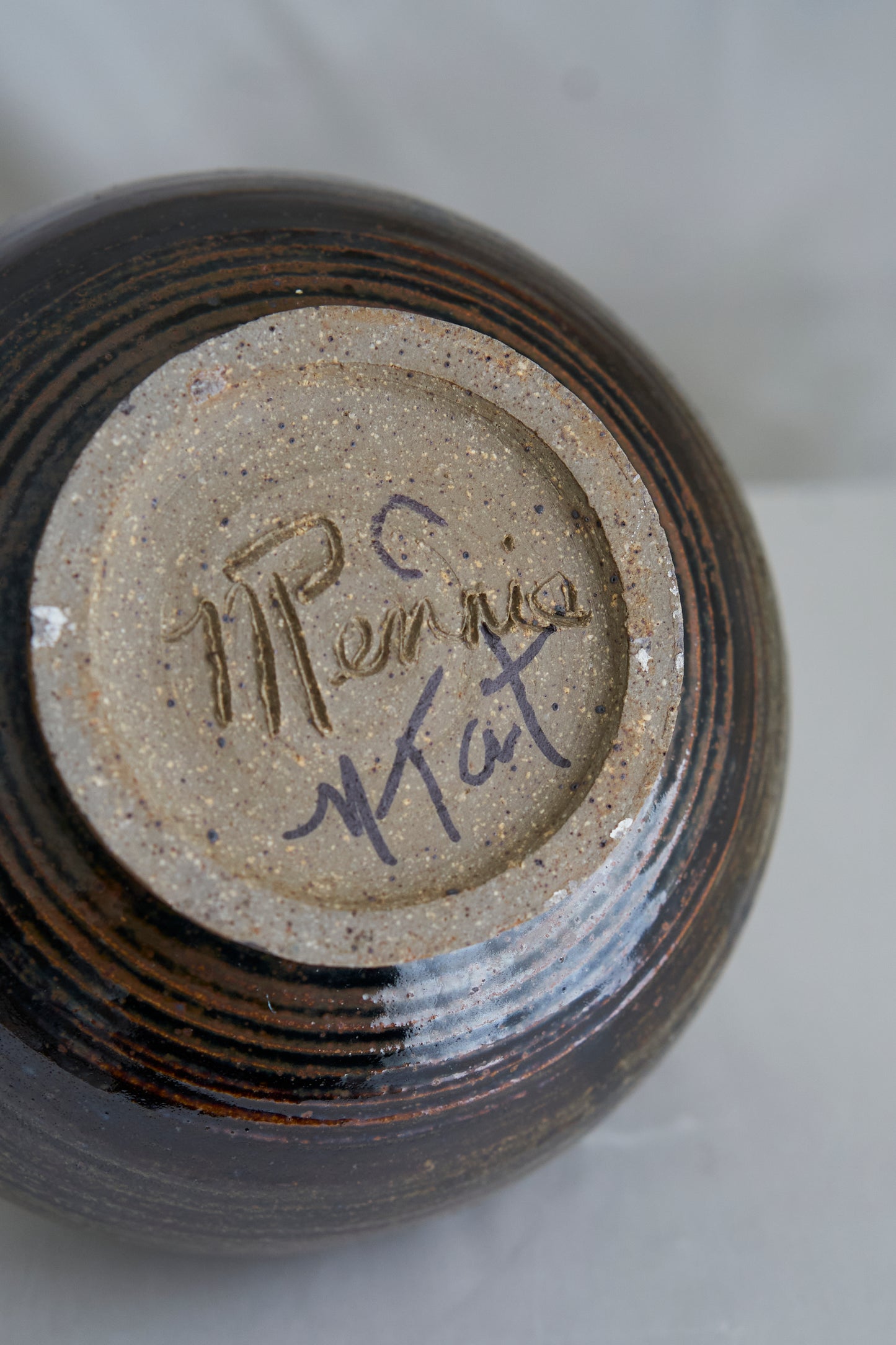 Vintage 60s round studio pottery ceramic vase, signed