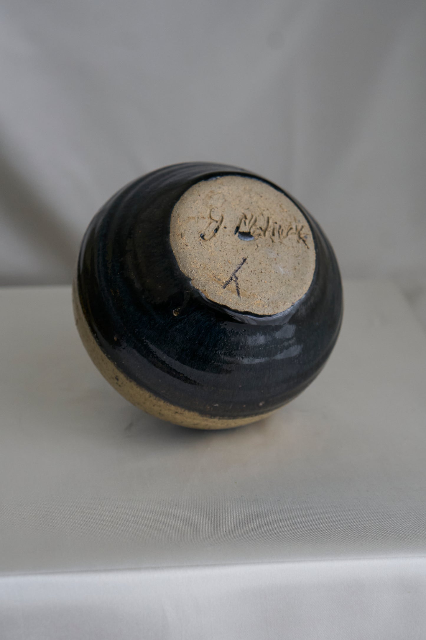 Vintage 60s round studio pottery ceramic vase, signed