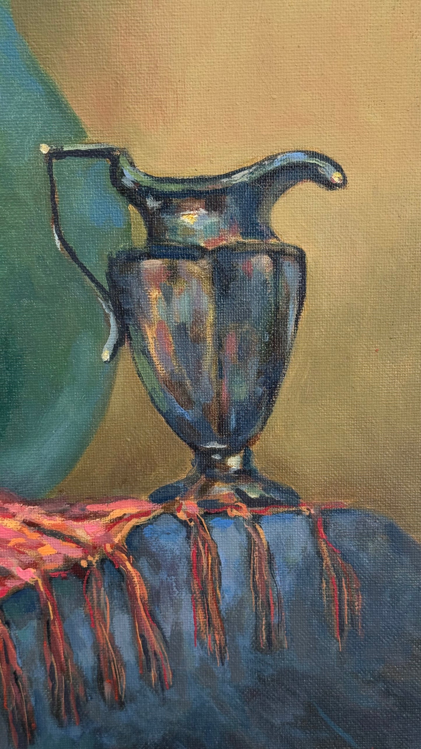 Painting - acrylic on canvas of a green jug, signed Langlais