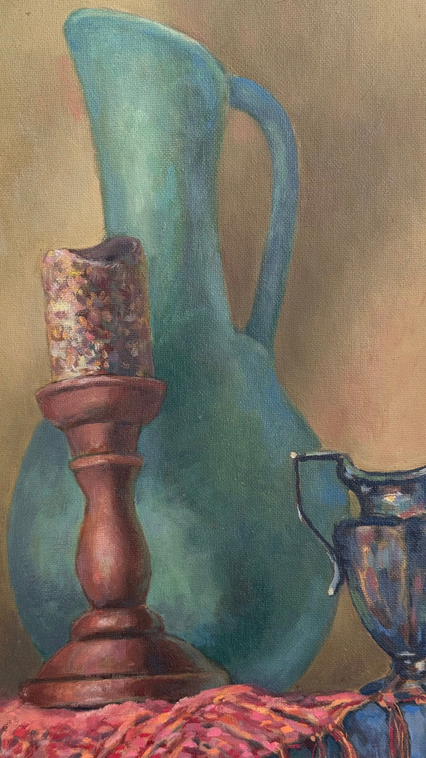 Painting - acrylic on canvas of a green jug, signed Langlais