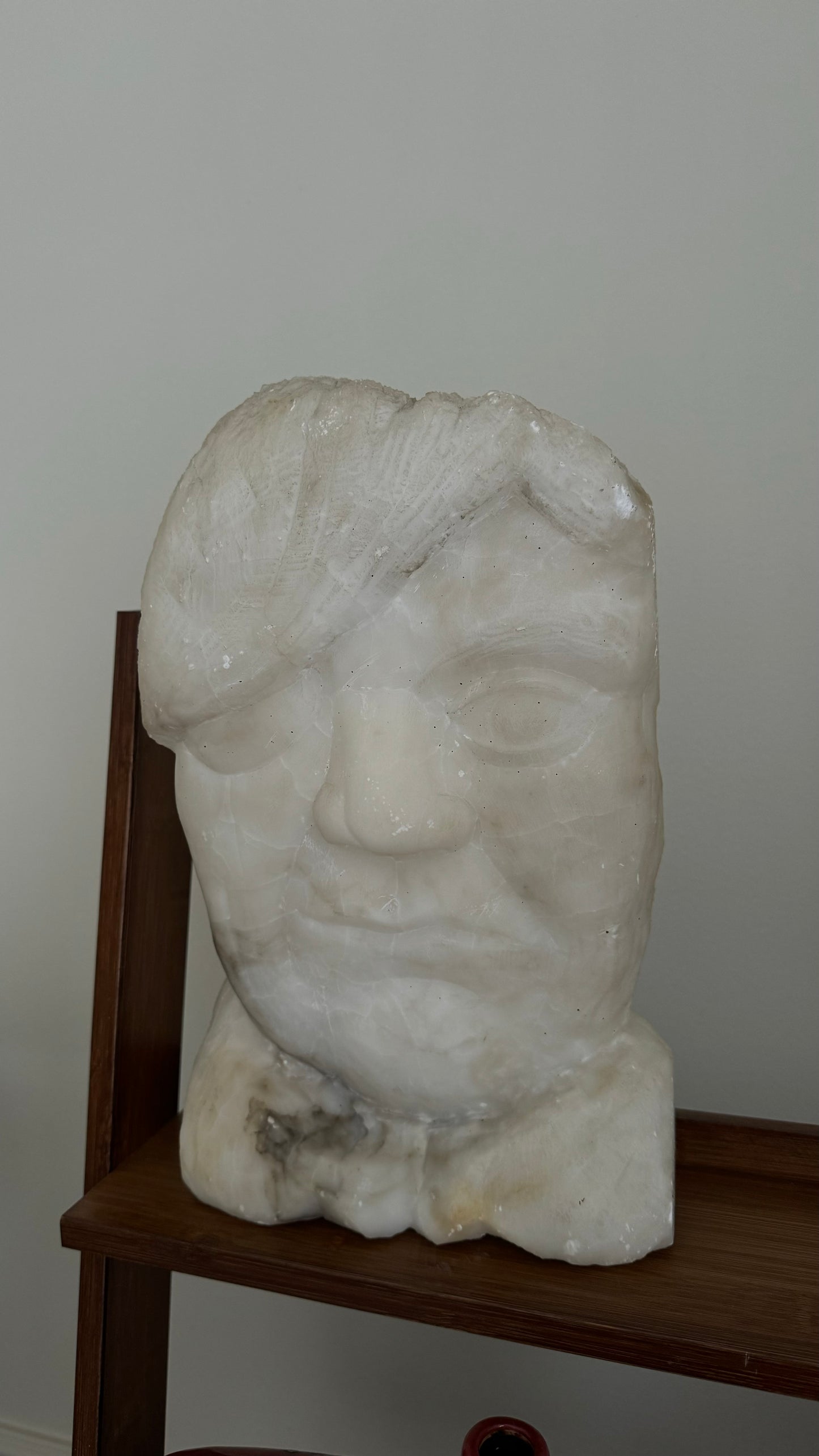 Vintage alabaster unsigned hand carved face sculpture. Botero style.