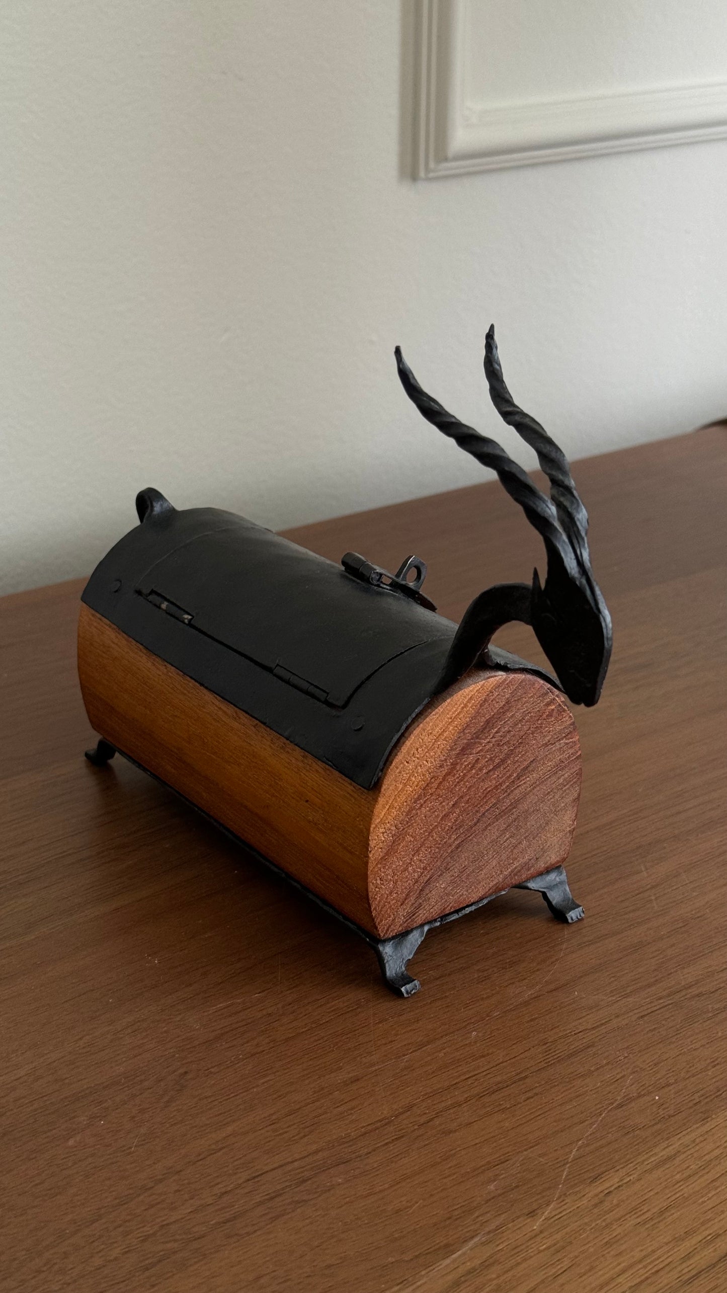 Vintage handmade wood and iron goat box