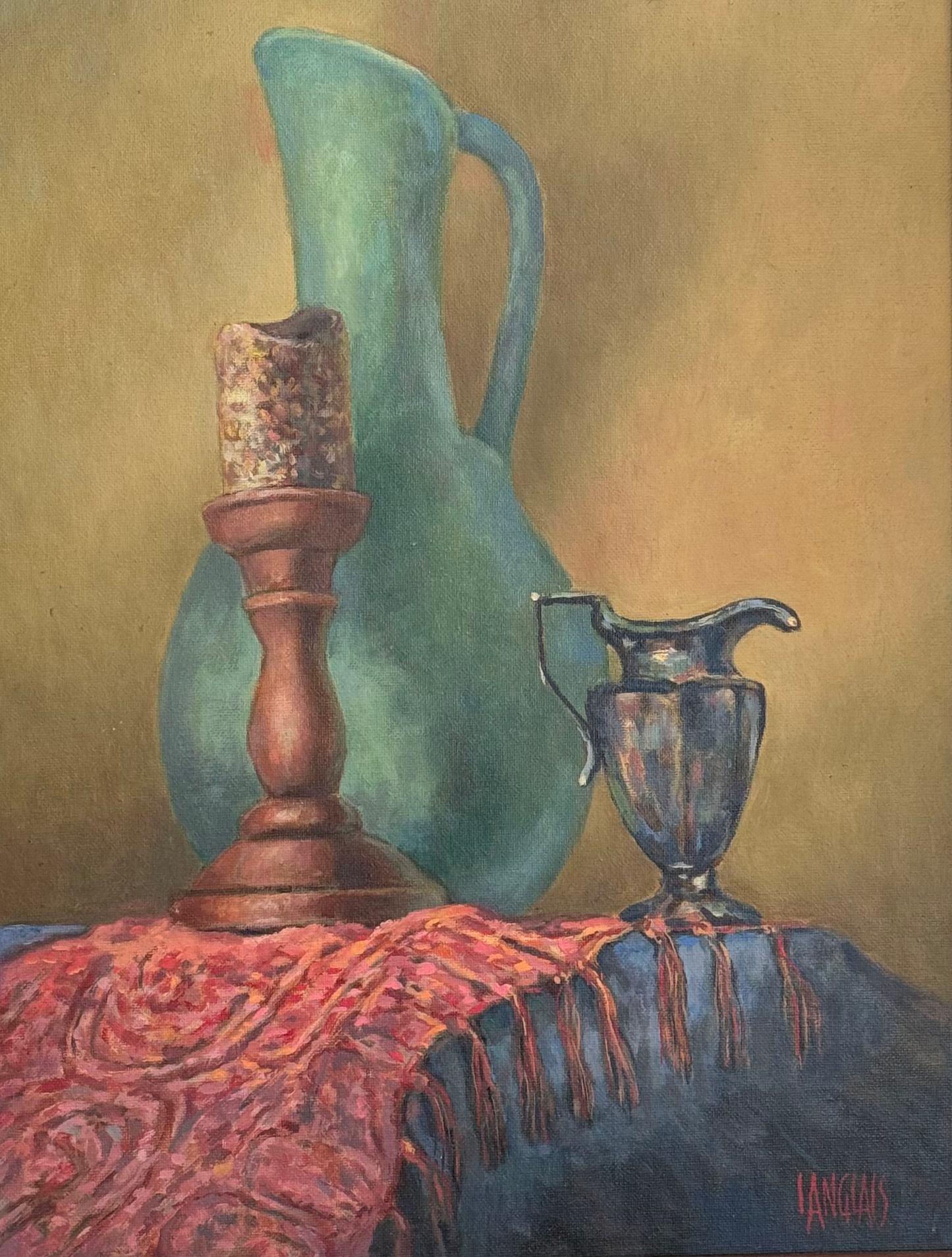 Painting - acrylic on canvas of a green jug, signed Langlais