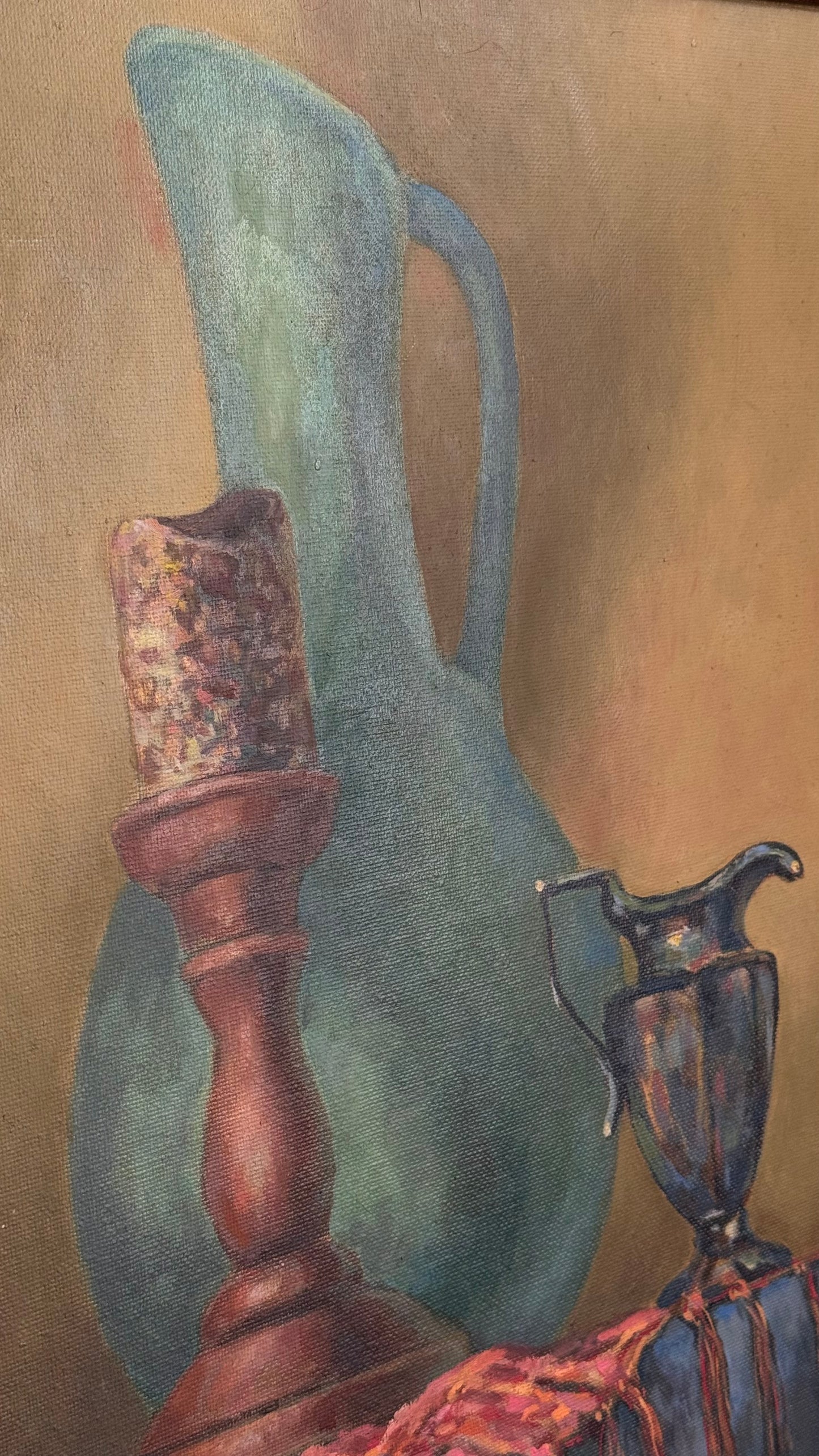 Painting - acrylic on canvas of a green jug, signed Langlais