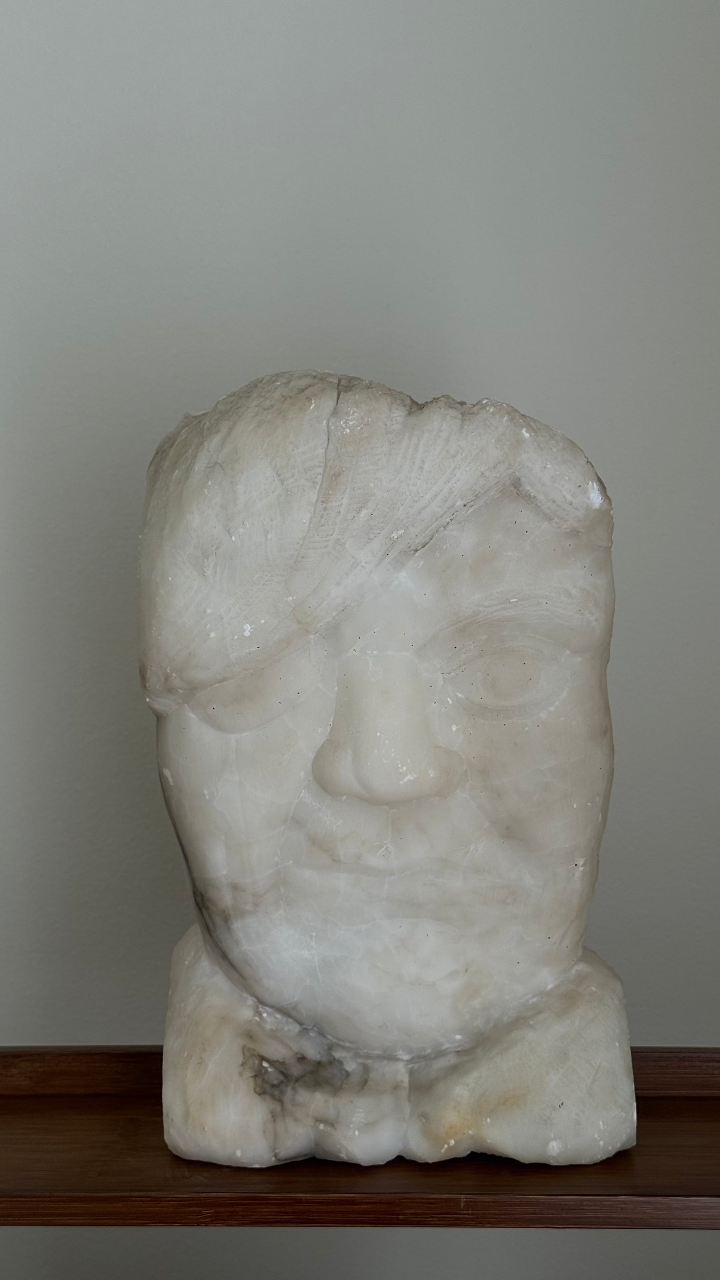 Vintage alabaster unsigned hand carved face sculpture. Botero style.