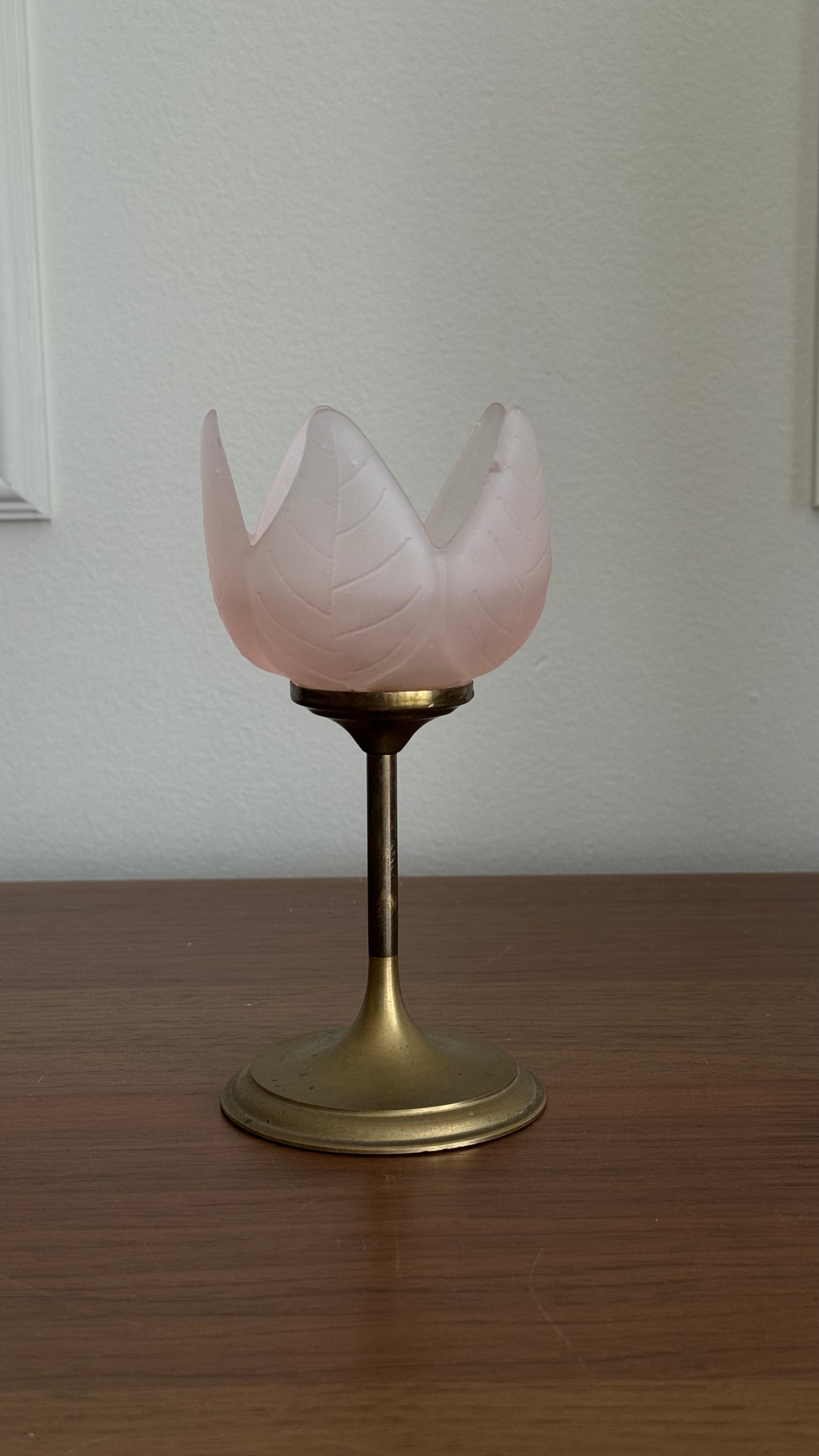 Vintage brass and rose glass candle flower candle holder