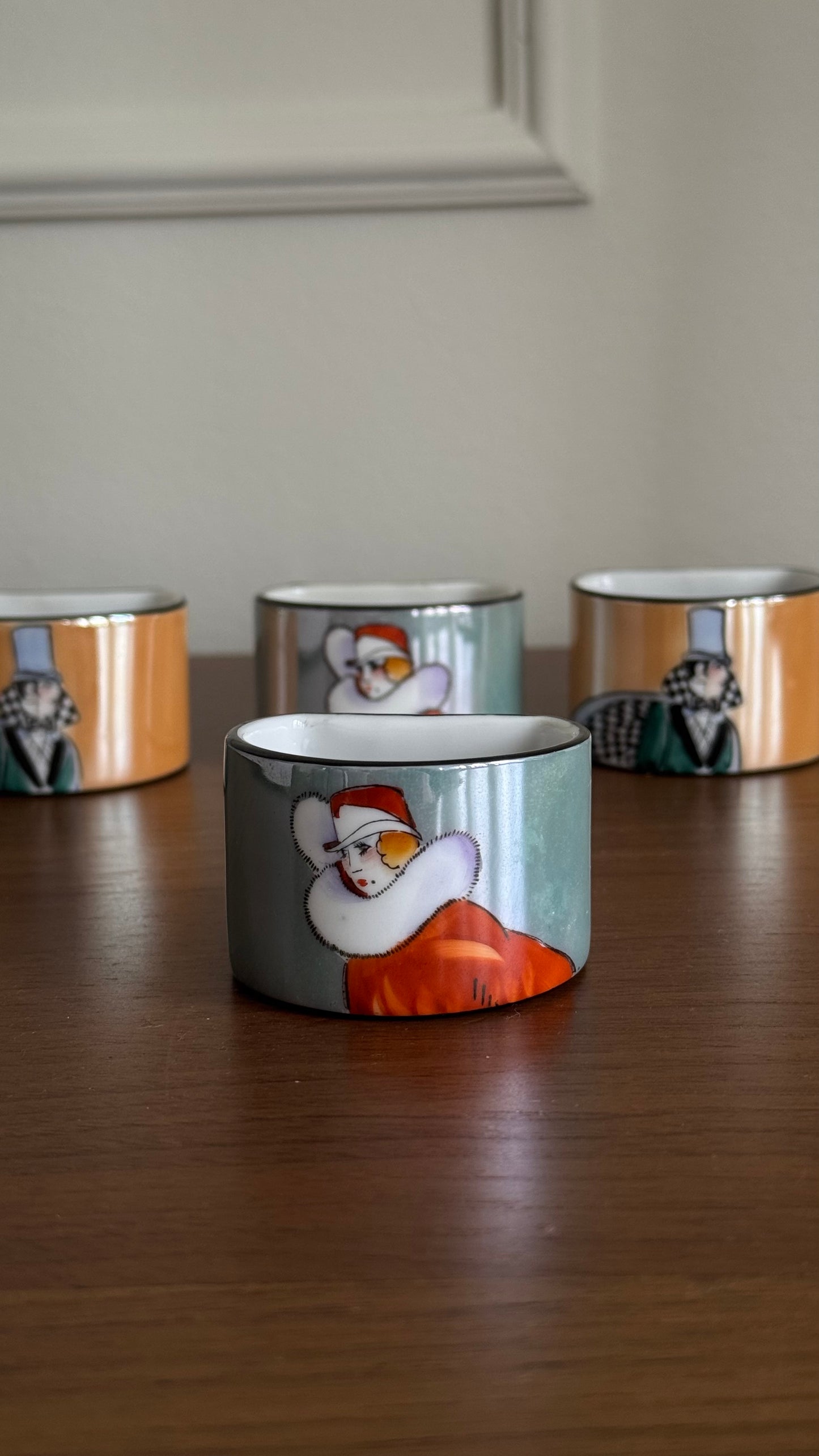 Noritake vintage porcelain hand painted art deco napkin rings, made in Japan (price for 4)