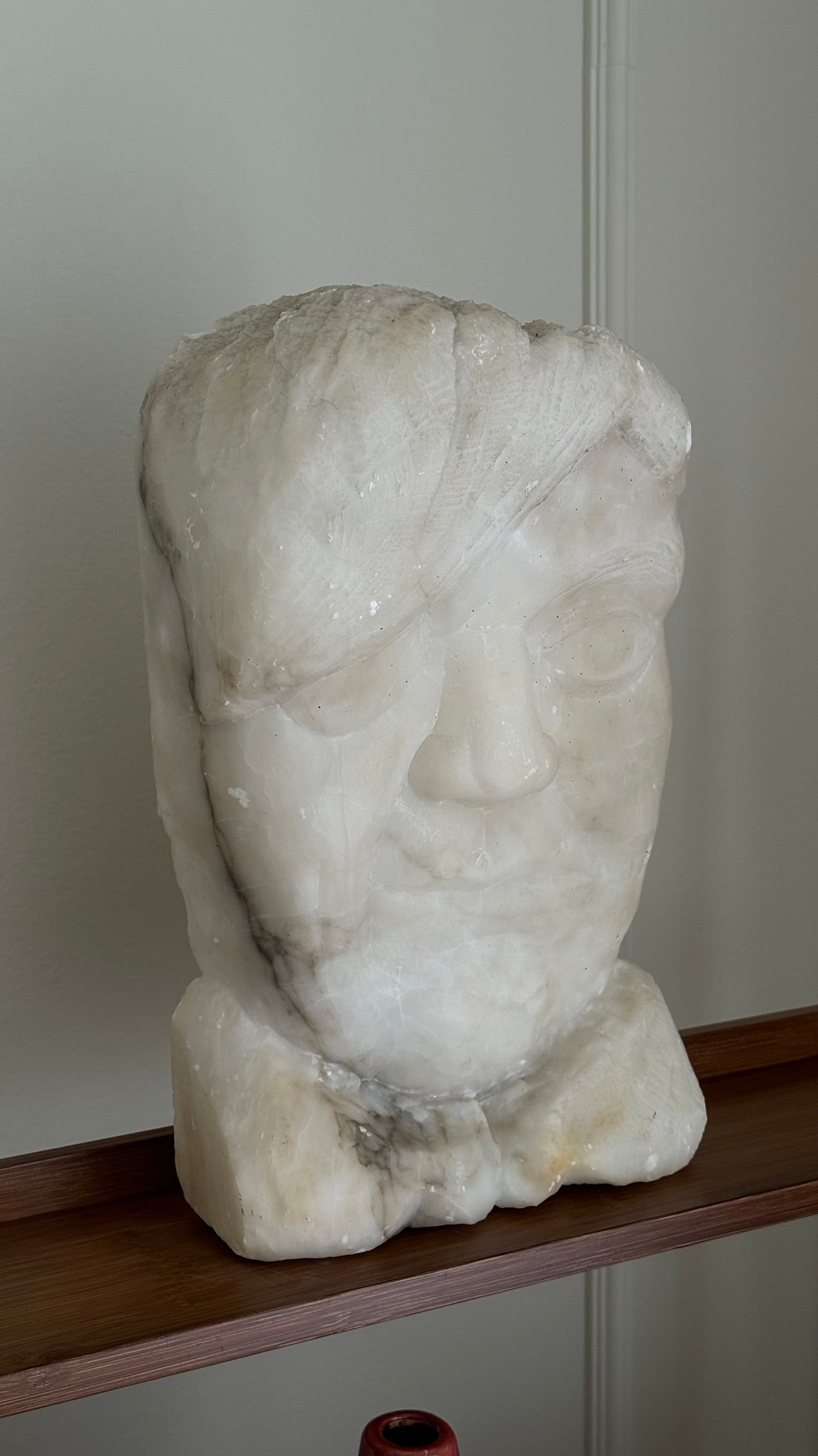 Vintage alabaster unsigned hand carved face sculpture. Botero style.