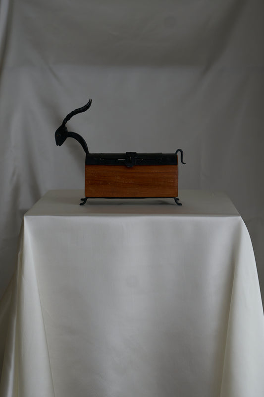 Vintage handmade wood and iron goat box