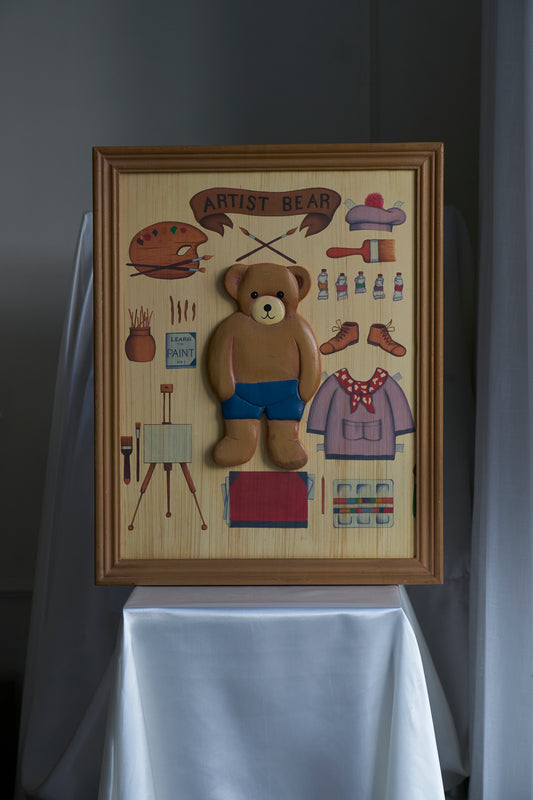 "Artist Bear" vintage handmade on the wood art piece (3D)