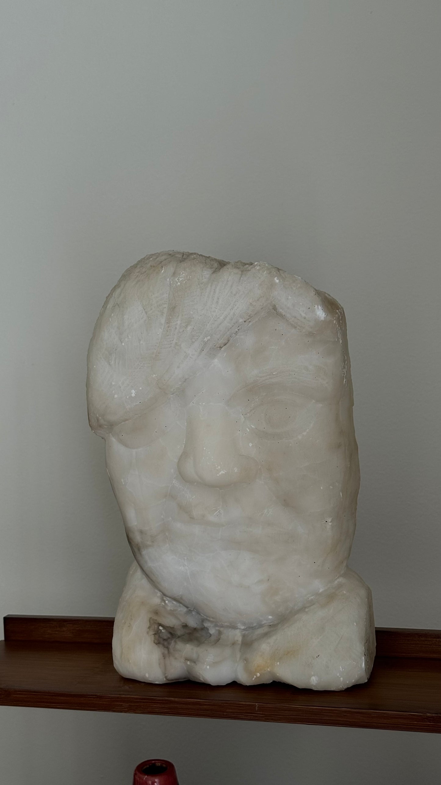 Vintage alabaster unsigned hand carved face sculpture. Botero style.