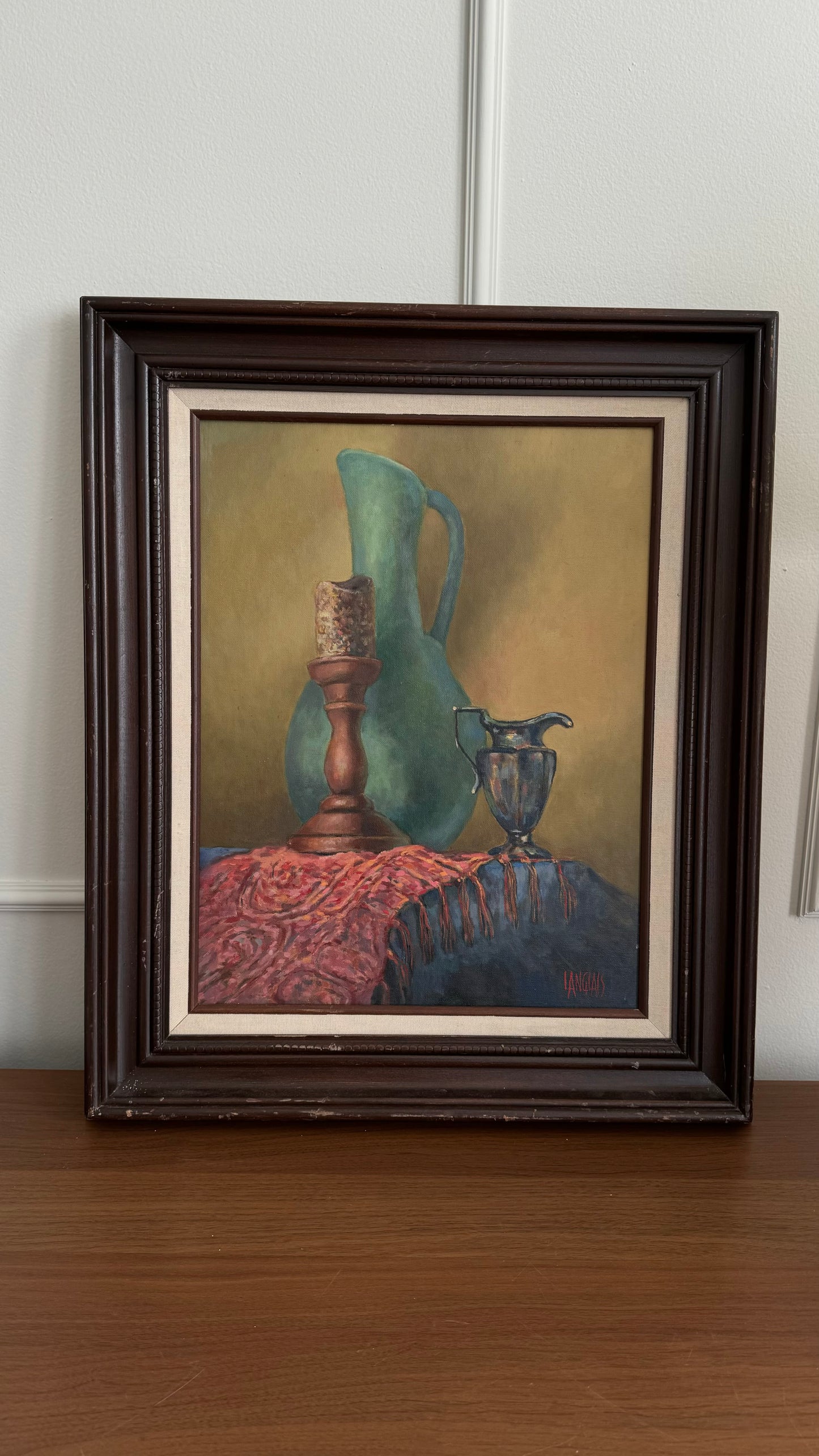 Painting - acrylic on canvas of a green jug, signed Langlais