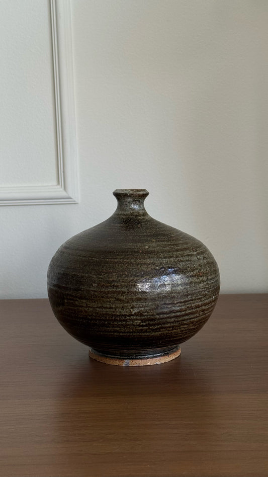 Vintage 60s round studio pottery ceramic vase, signed