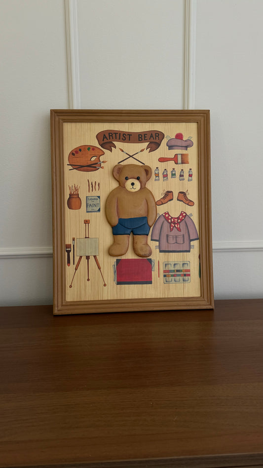 "Artist Bear" vintage handmade on the wood art piece (3D)